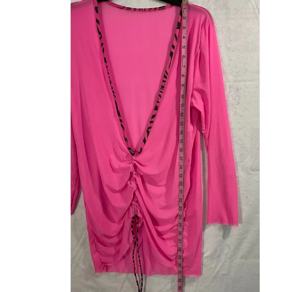 Mesh Cover Up Dress Womens 1XL Pink Ruched Zebra Trim Sexy Beachwear